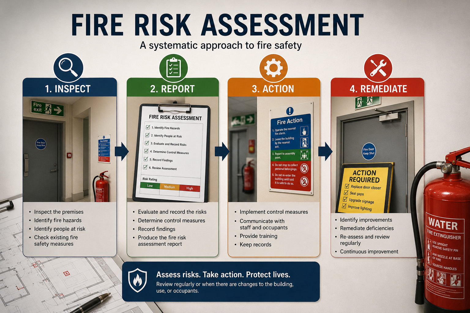 Fire Risk Assessment: a systematic four-step approach covering Inspect, Report, Action and Remediate